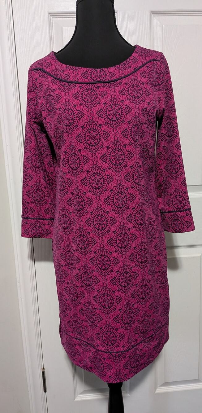Lands' End Pink & Navy Knit Shift Dress Swim Coverup 3/4 Sleeve Boatneck Small